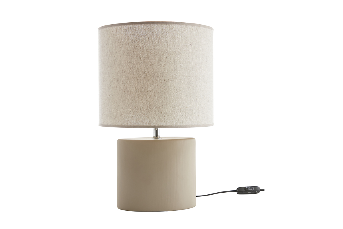 Lampe à poser en céramique taupe mat et abat-jour en lin naturel TIGA