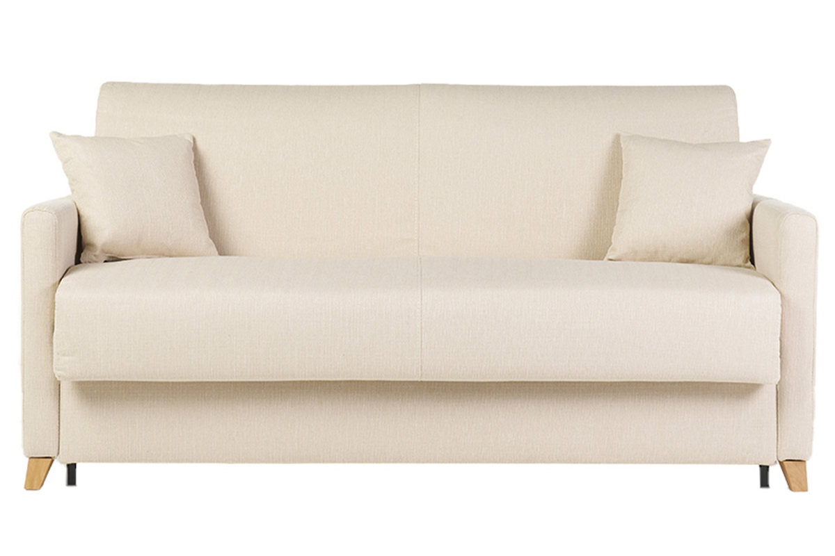 Canapé convertible 3 places en tissu beige et bois clair avec matelas 18 cm SKANDY
