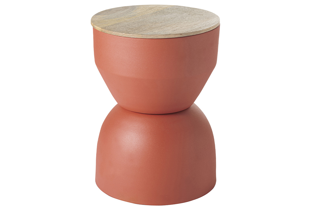 Table d'appoint ronde design avec rangement en métal terre brulée et bois manguier massif D30 cm YOYO