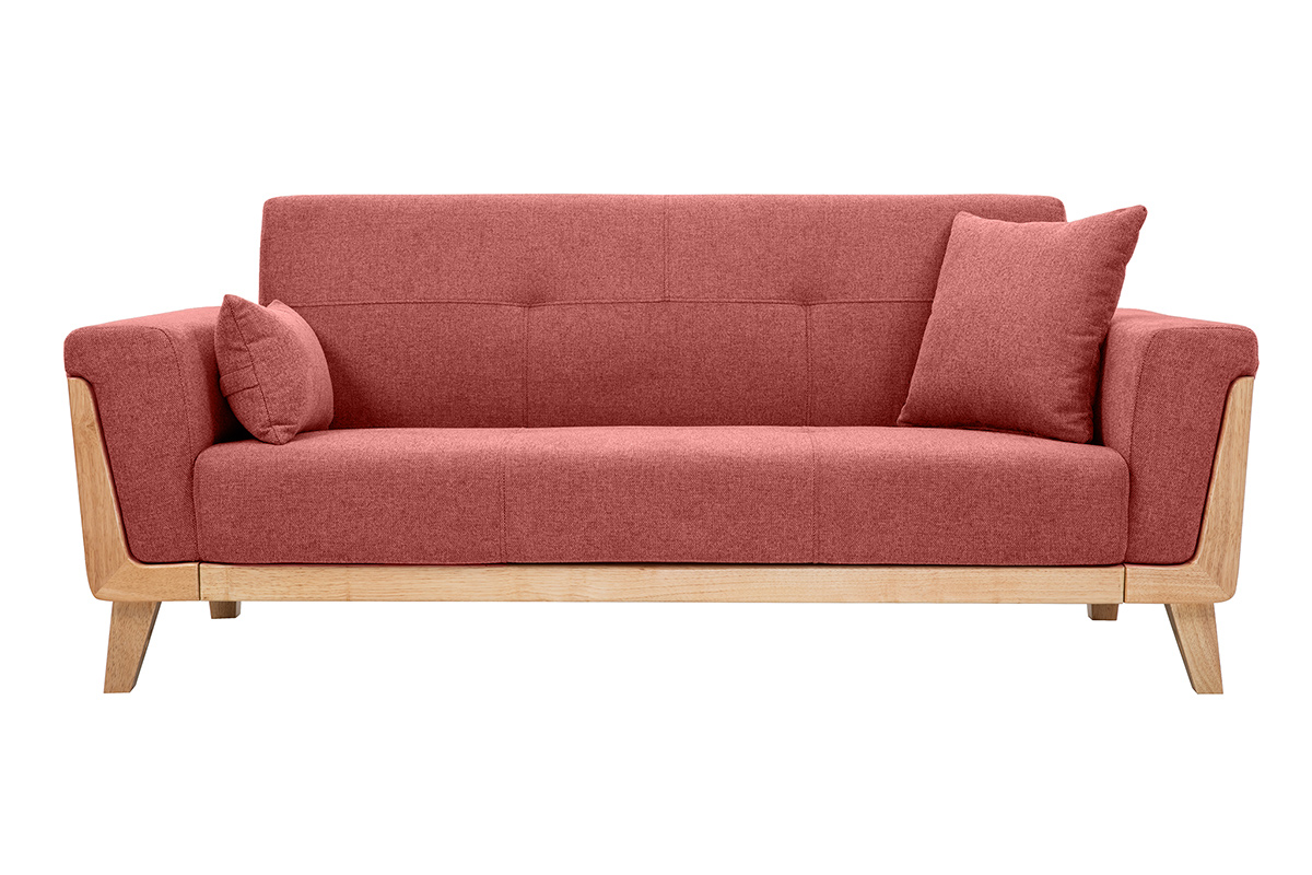 Canapé scandinave 3 places en tissu effet velours texturé terracotta et bois clair FJORD