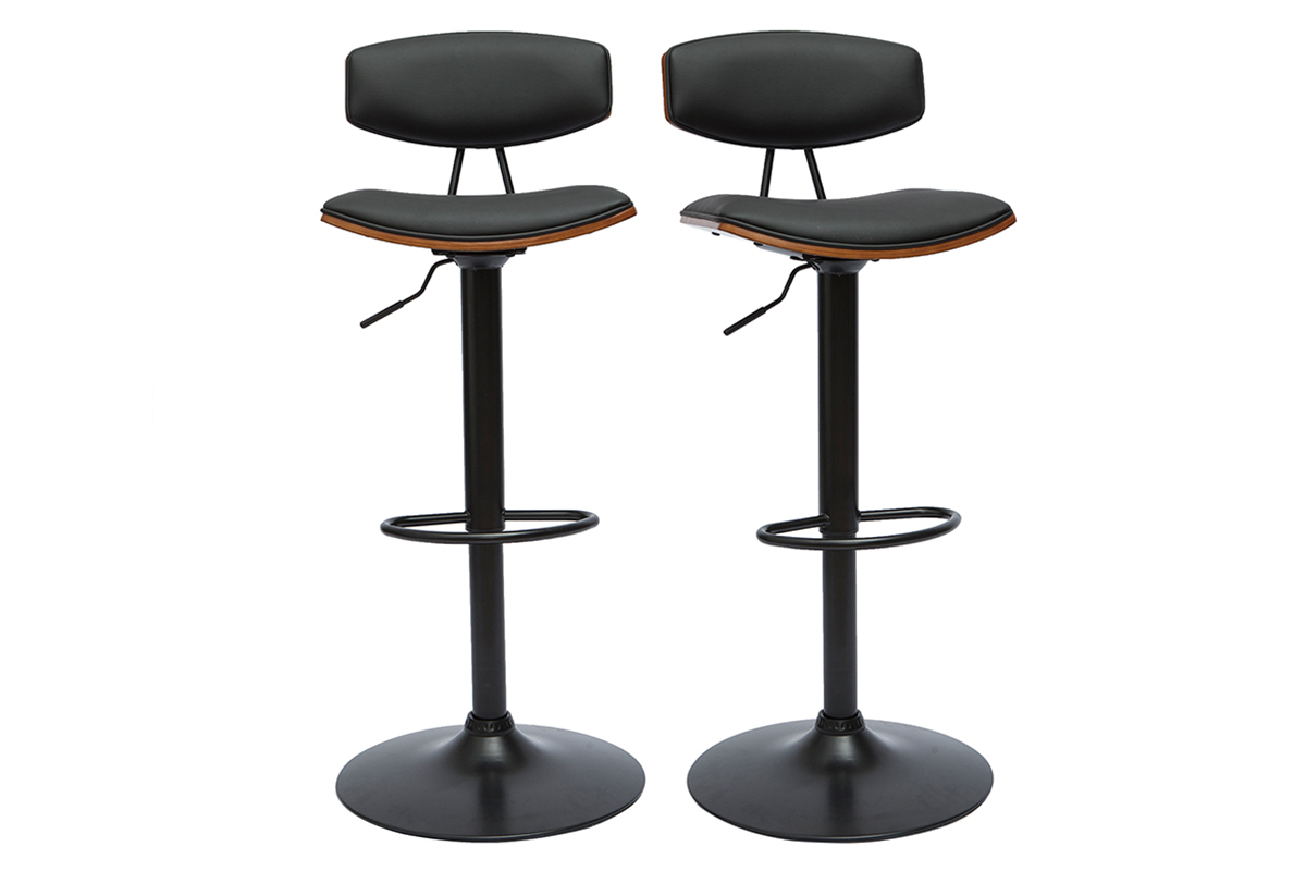 Set de 2 taburetes de cocina de diseño regulable negro y madera oscura VASCO