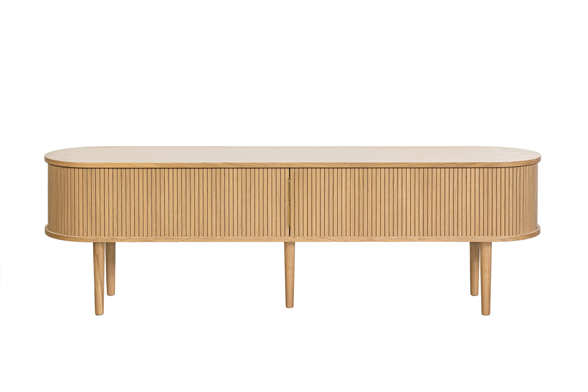 Meuble TV vintage bois clair chêne avec rangements 2 portes coulissantes L180 cm EPIC