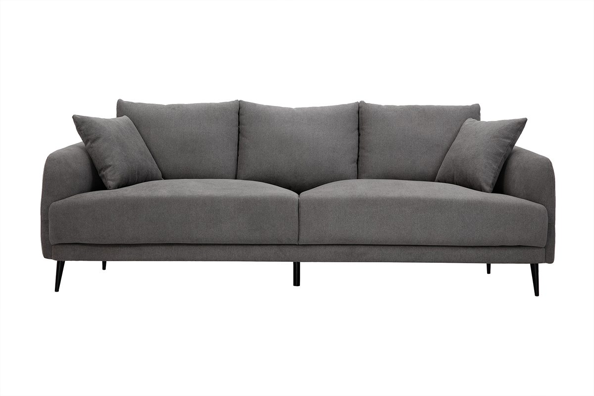 Canapé design 3 places en tissu effet velours gris et métal noir JERRY