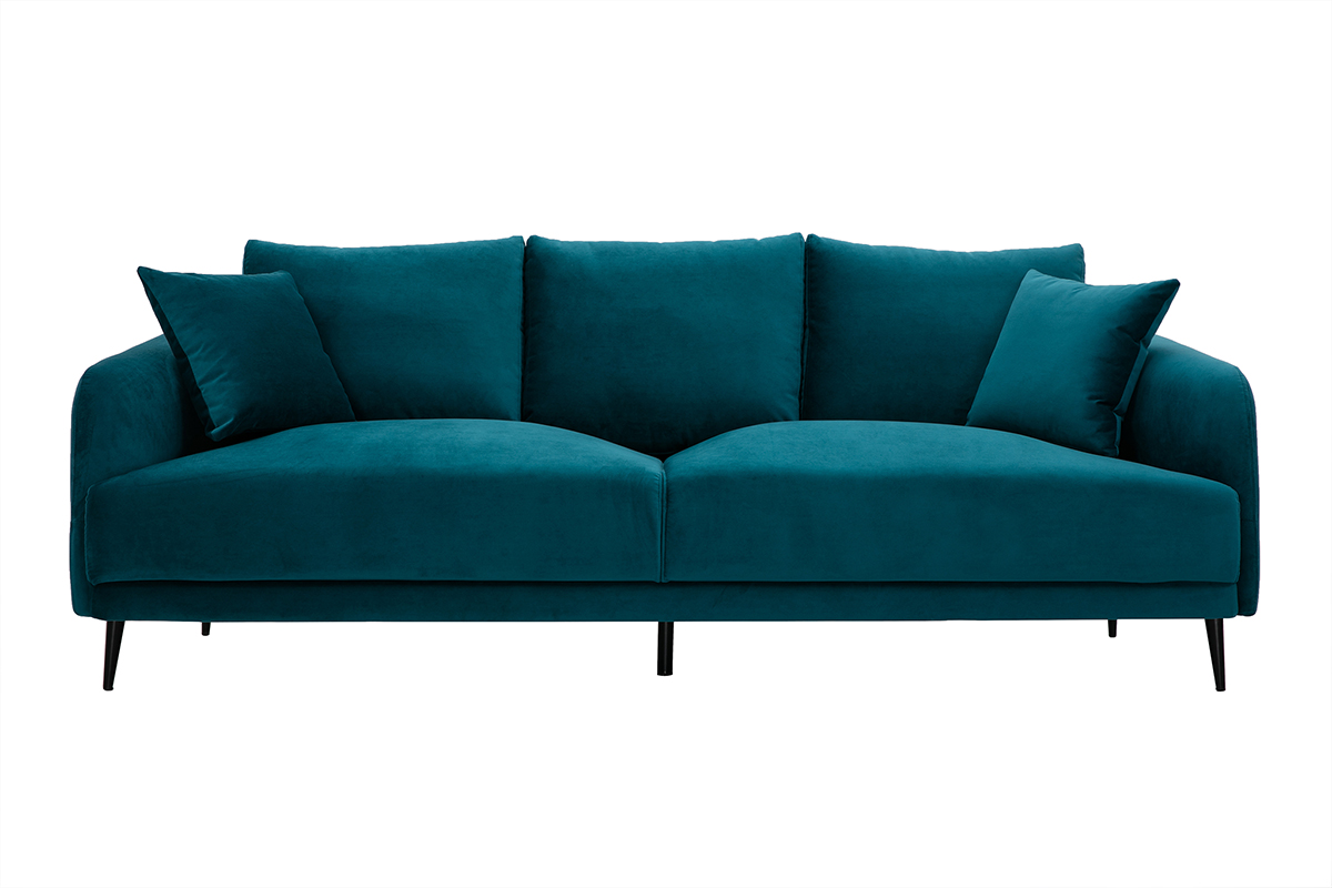 Canapé design 3 places en tissu velours bleu pétrole et métal noir JERRY