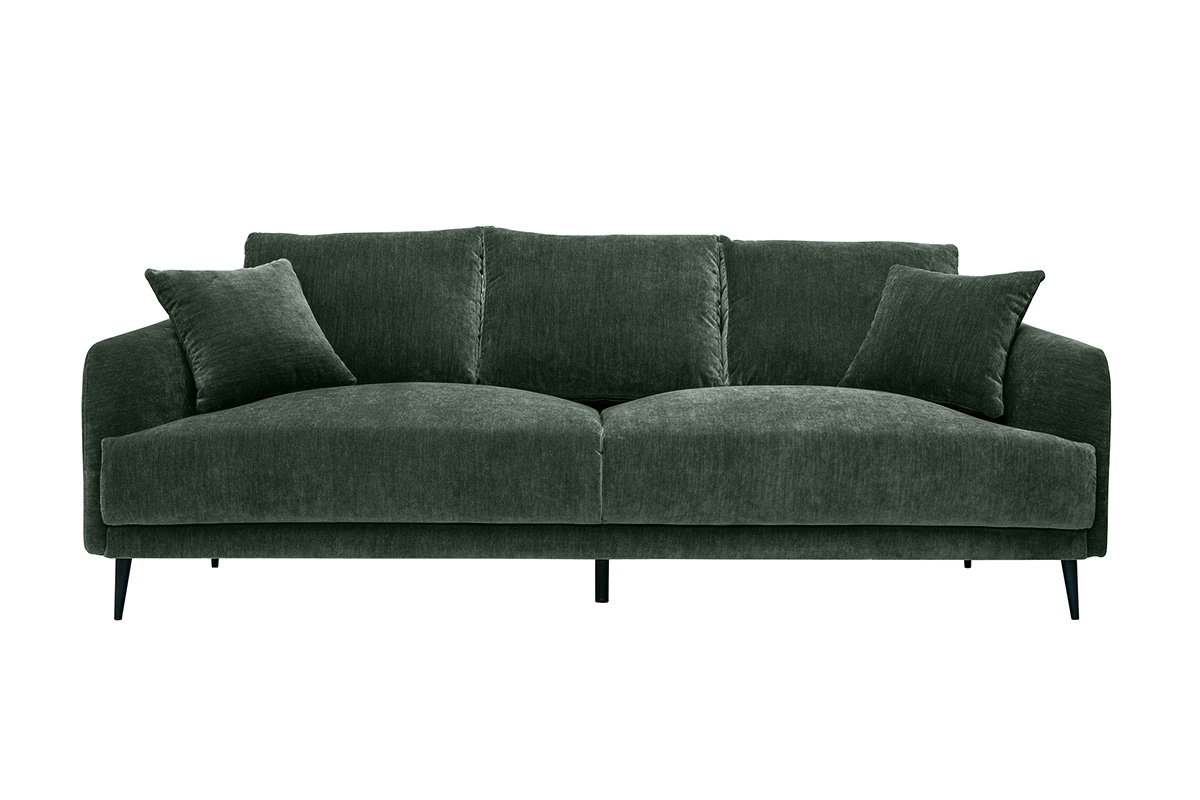 Canapé design 3 places en tissu effet velours vert kaki et métal noir JERRY