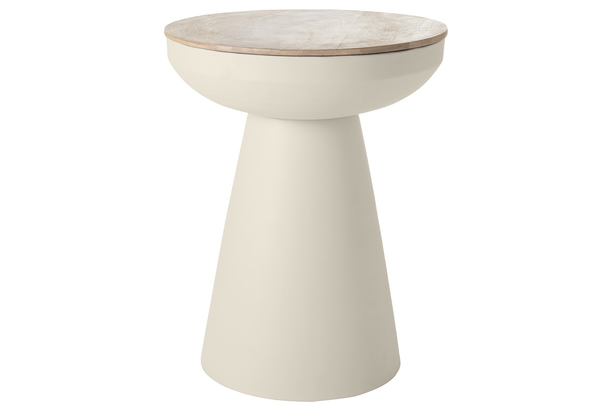 Table d'appoint ronde design avec rangement en métal grège et bois manguier massif H52 cm TAM