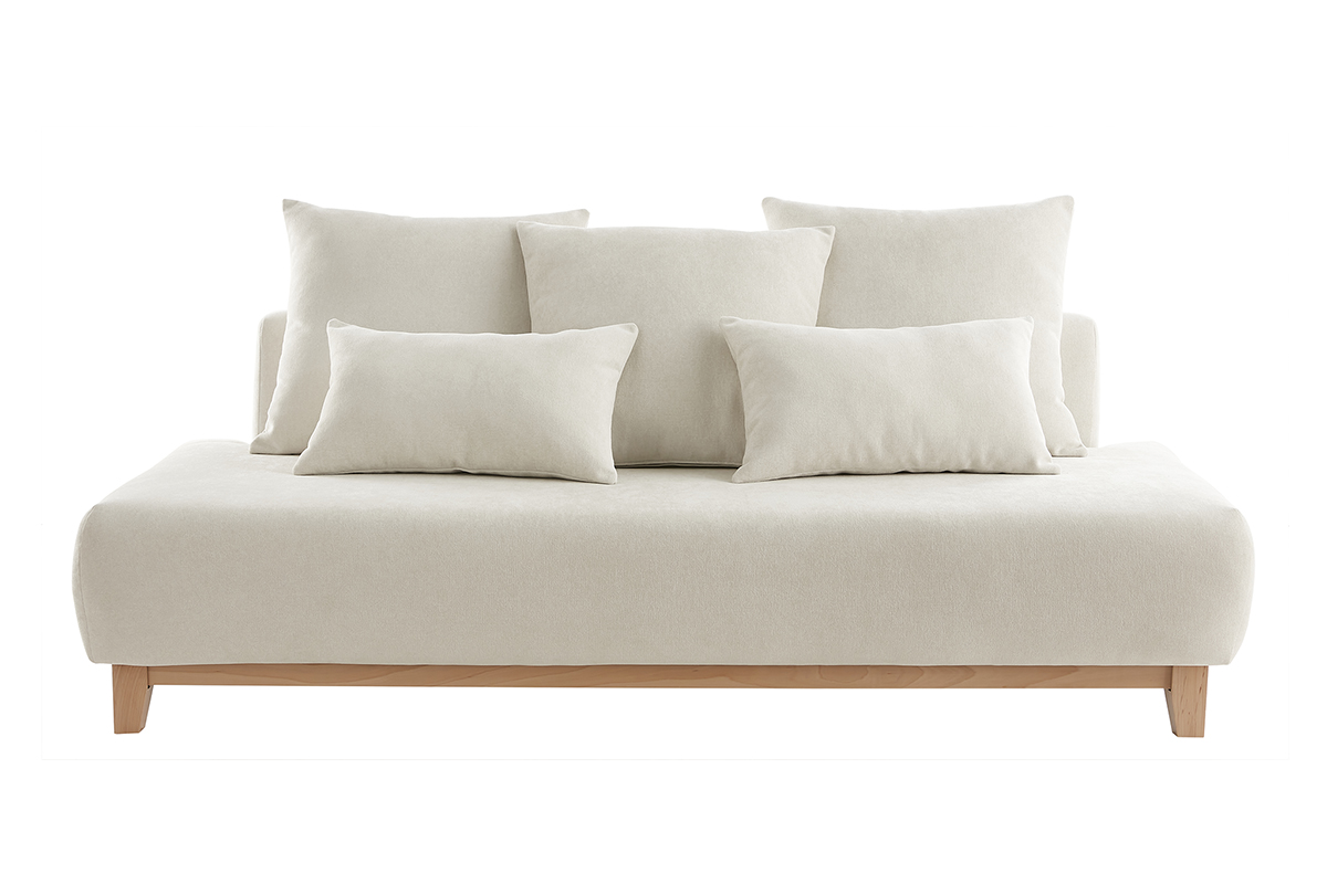 Canapé 3 places en tissu effet velours texturé beige et bois clair L200 cm ODEON