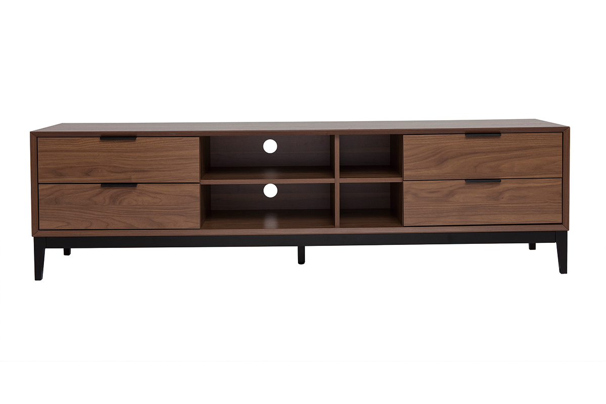 Meuble TV vintage finition bois foncé noyer et métal noir avec rangements L180 cm SARTO