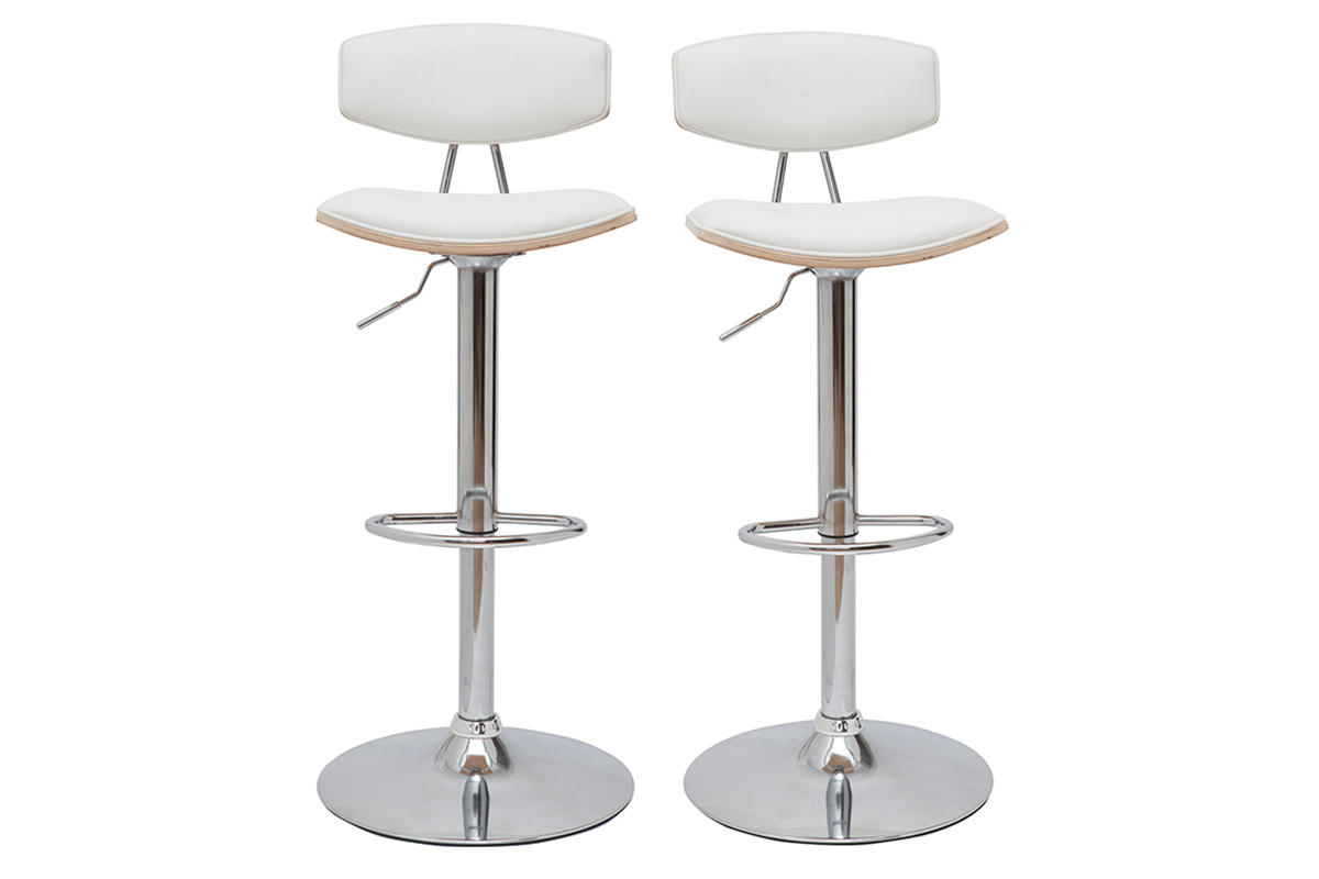Tabourets de bar design réglables blanc et bois clair (lot de 2) VASCO