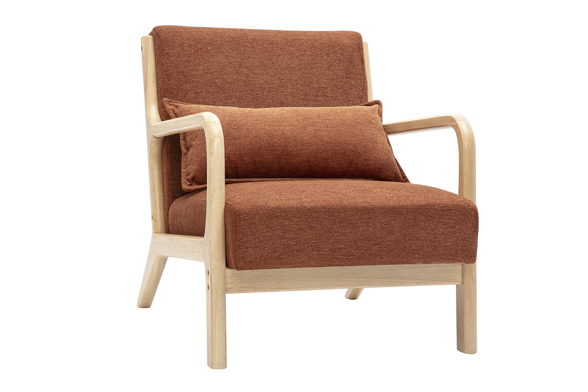 Fauteuil scandinave en tissu effet velours terre brûlée et bois clair massif DERRY