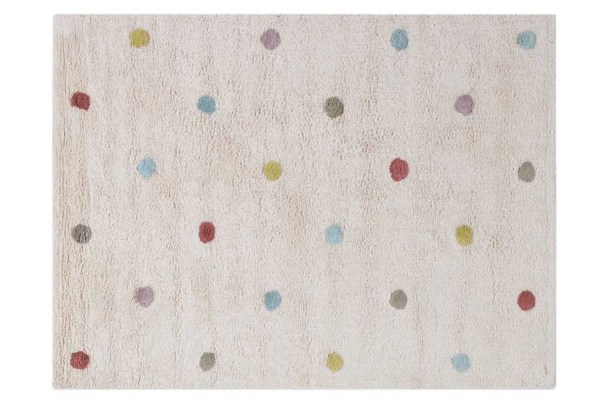 Alfombra infantil de algodón beige con lunares multicolores 100 x 150 cm DADA