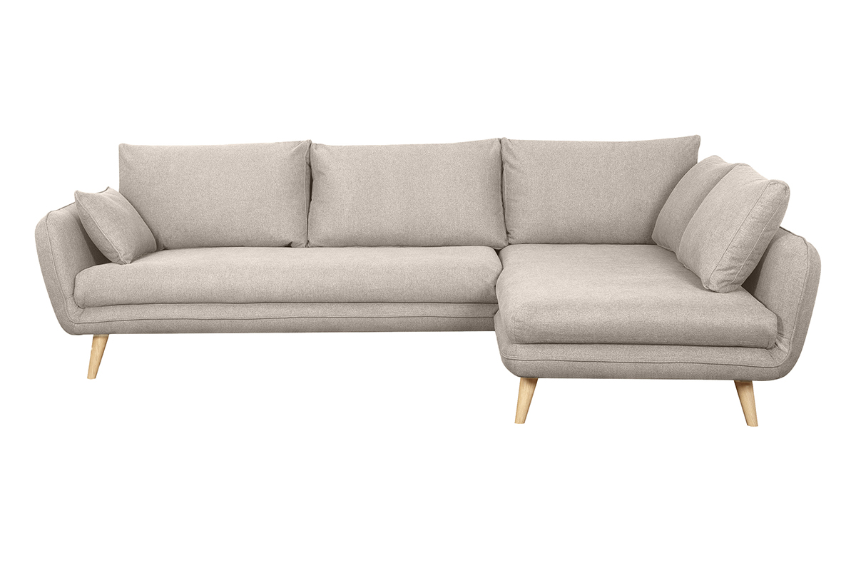 Canapé d'angle droit scandinave 5 places en tissu beige et bois clair CREEP