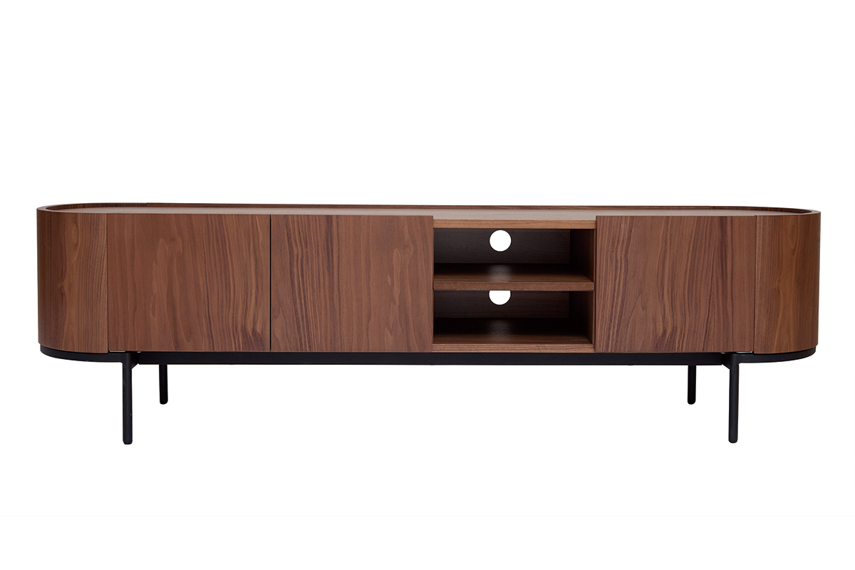 Meuble TV design bois foncé noyer et métal noir avec rangements L180 cm SKYE
