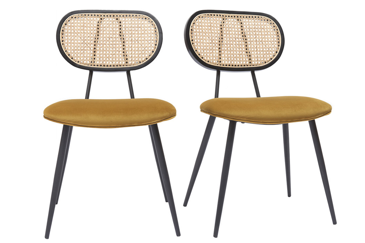 Chaises design en tissu velours bronze, métal noir et cannage rotin naturel (lot de 2) TOLMA