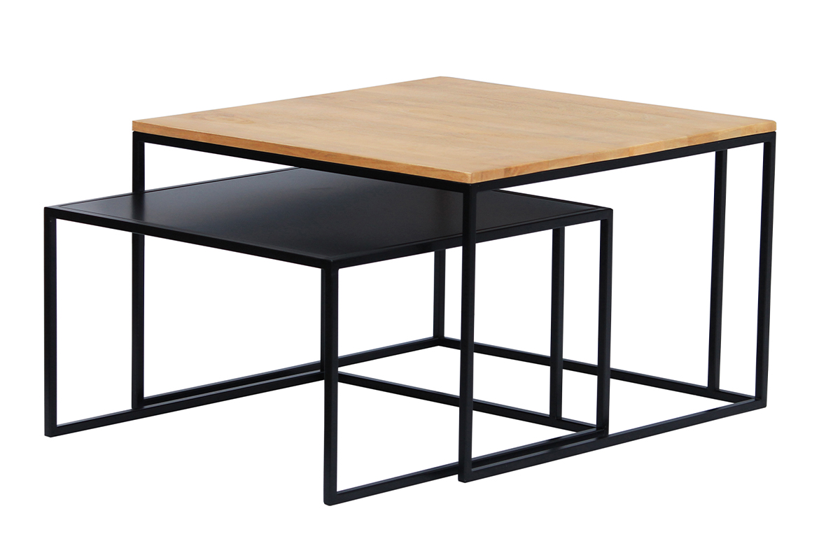 Tables basses gigognes carrées bois manguier massif et métal noir (lot de 2) TAHL
