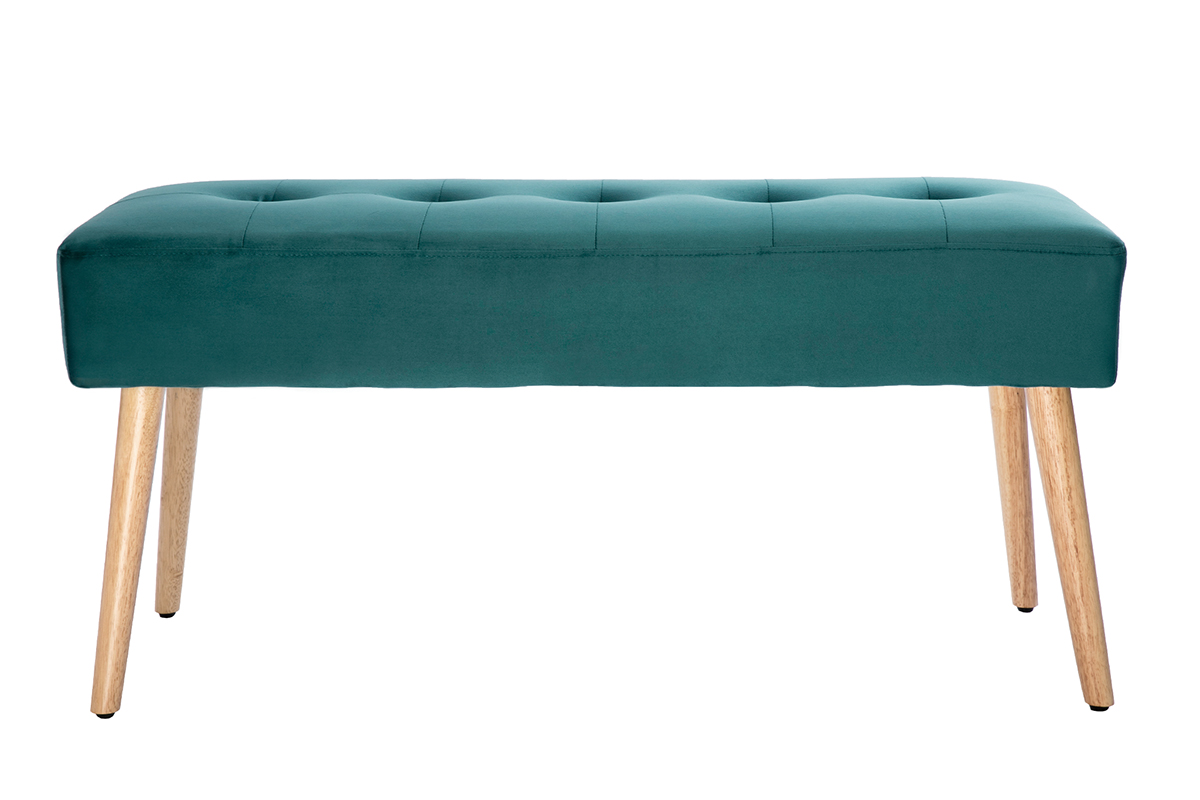 Banc scandinave capitonné en tissu velours bleu pétrole et bois clair L96 cm GUESTA