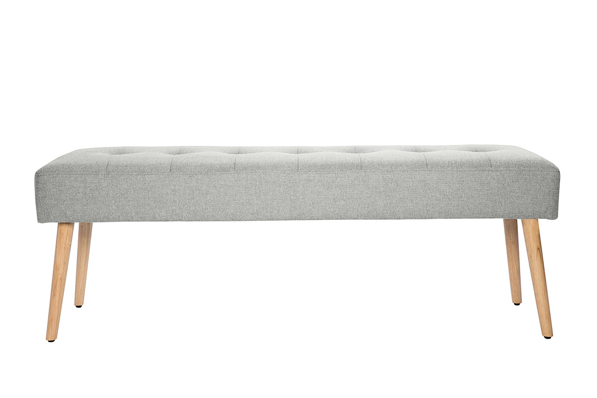 Banc scandinave capitonné en tissu effet velours texturé gris clair et bois clair L130 cm GUESTA