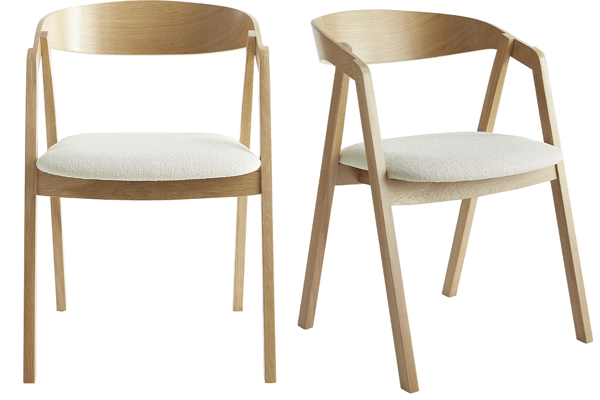 Chaises scandinaves empilables en bois clair chêne et tissu effet laine bouclée blanc cassé (lot de 2) LOVA