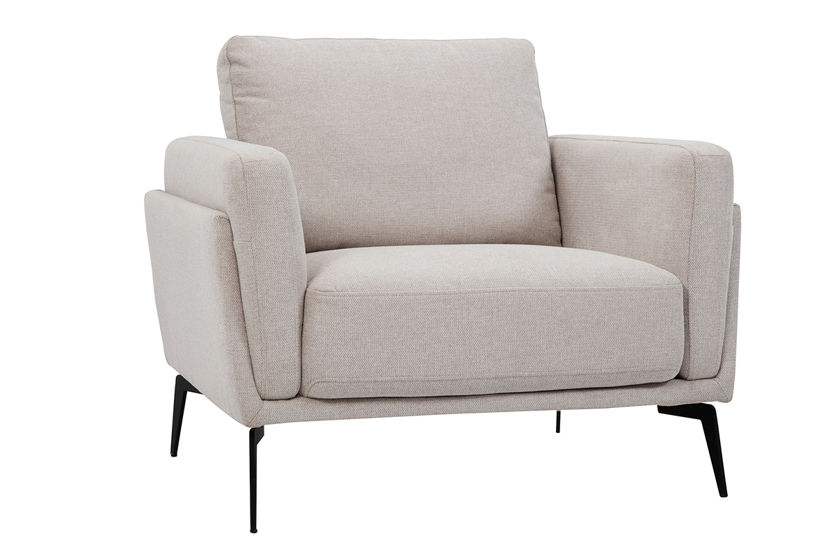 Fauteuil design en tissu effet velours texturé beige et métal noir MOSCO