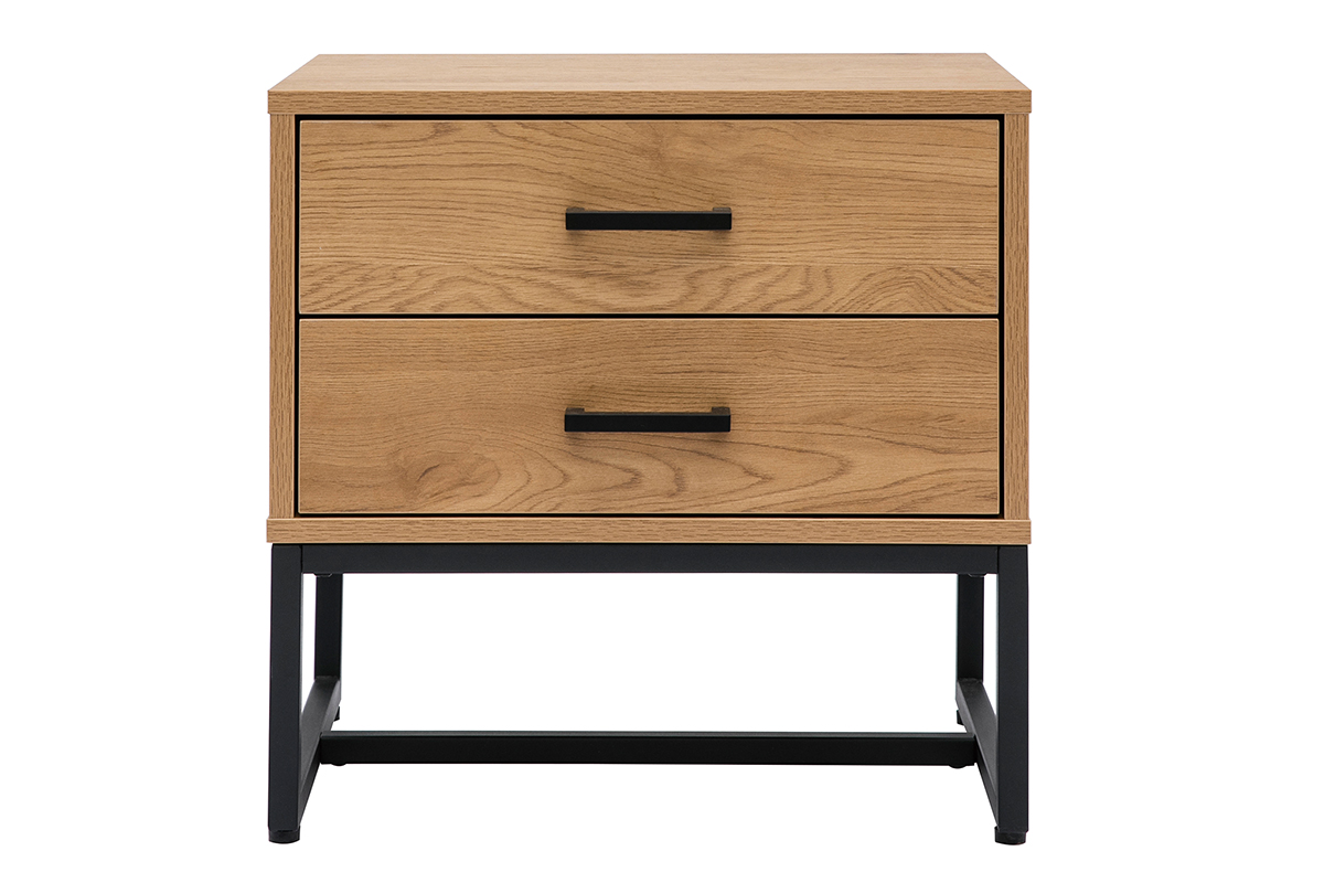Table de chevet avec rangements 2 tiroirs finition bois clair chêne et métal noir LOVATO
