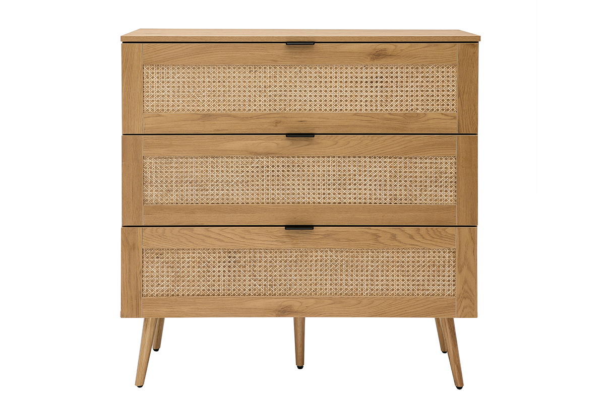 Commode finition bois clair, cannage en rotin et métal noir 3 tiroirs L100 cm MANILLE