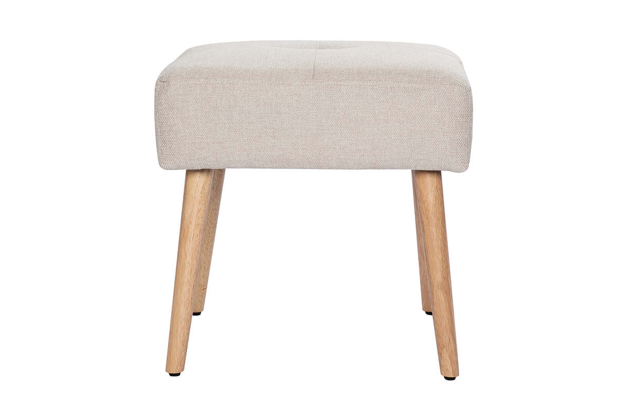 Tabouret bas en tissu effet velours texturé beige et bois clair massif H46 cm GUESTA