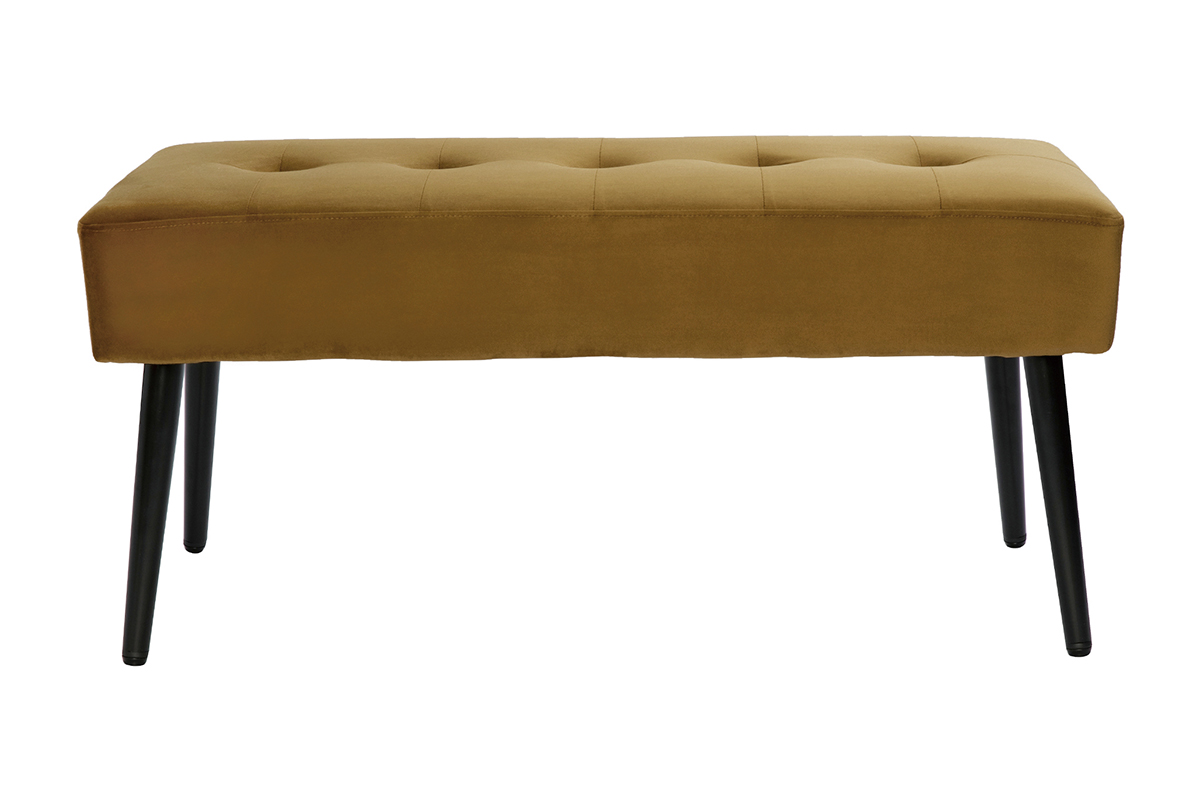 Panca design lavorazione capitonné in tessuto velluto color bronzo e metallo nero L95 cm GUESTA