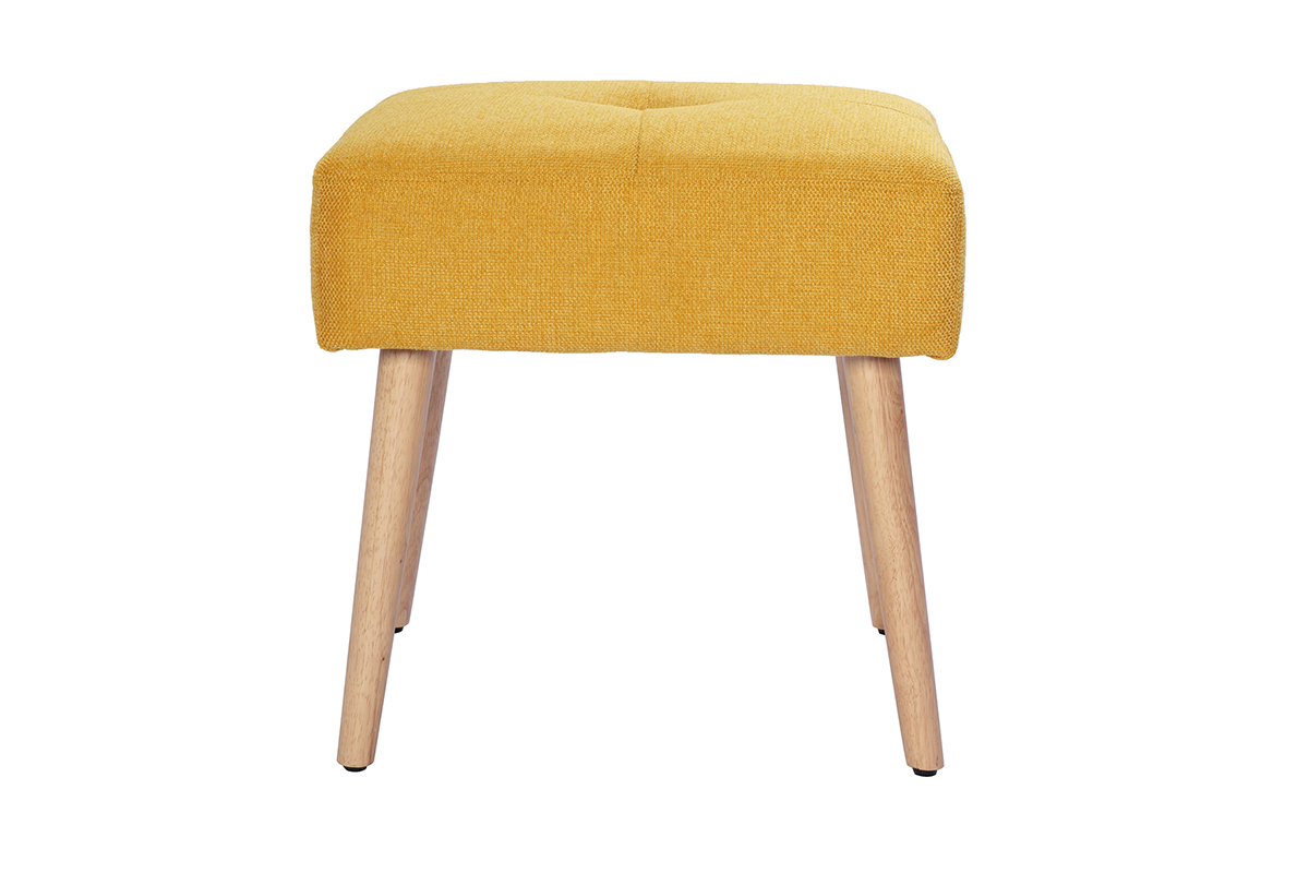 Tabouret bas en tissu effet velours texturé jaune moutarde et bois clair massif H46 cm GUESTA