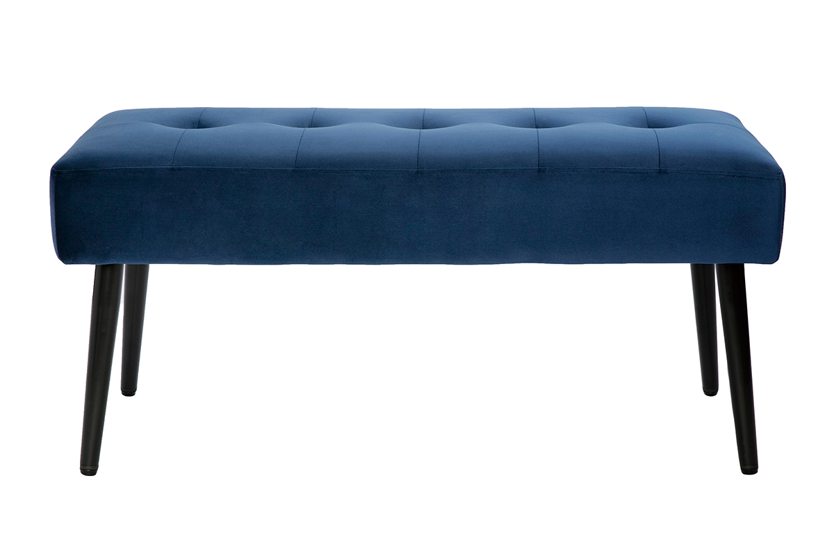 Banc design capitonné en tissu velours bleu nuit et métal noir L96 cm GUESTA