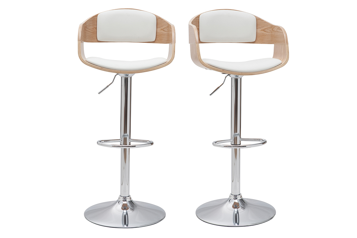 Tabourets de bar design réglables en polyuréthane blanc et bois clair (lot de 2) EUSTACHE