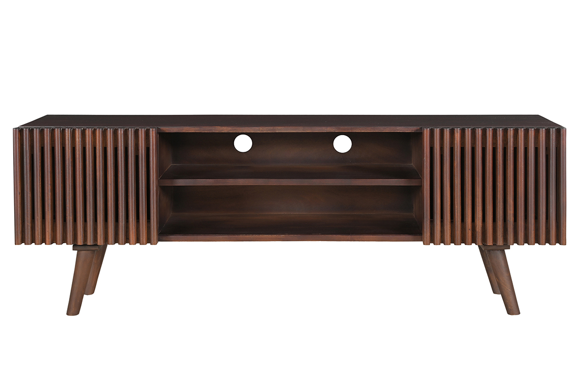 Meuble TV en manguier massif teinté bois foncé avec portes coulissantes L140 cm ALBA