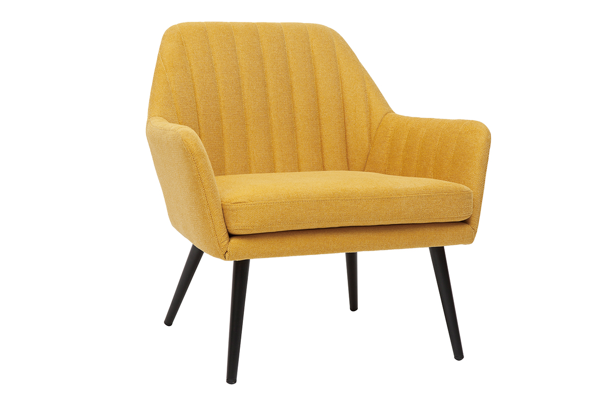 Fauteuil design en tissu effet velours texturé jaune moutarde et métal noir GASTON