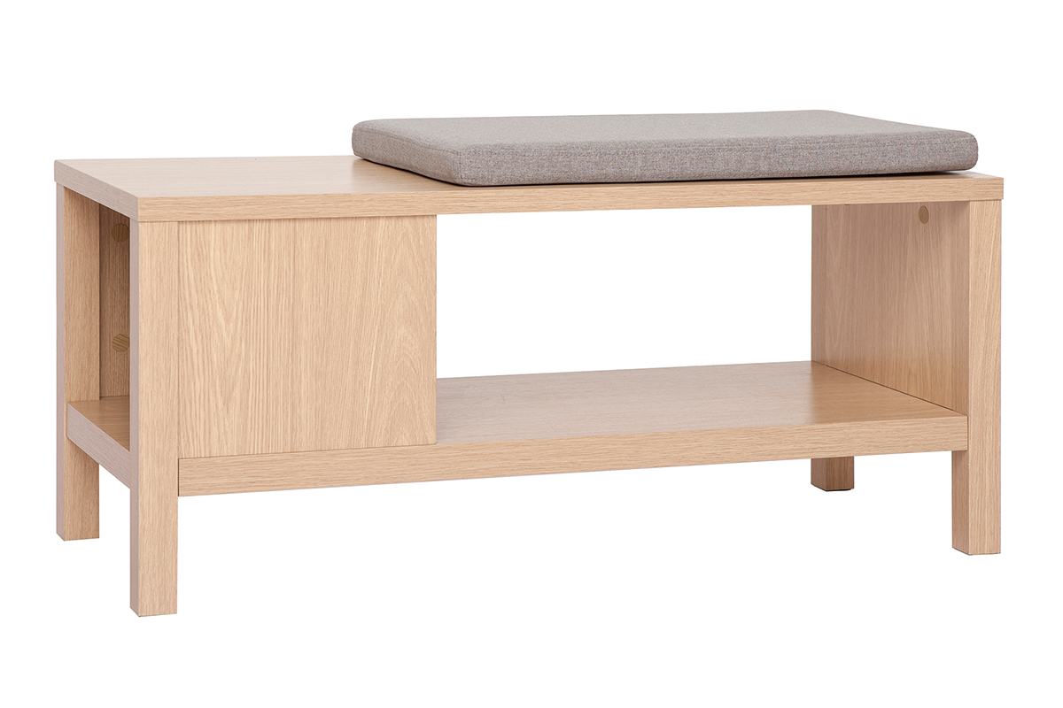 Banc d'entrée avec rangement finition bois clair chêne avec coussin banquette grège L100 cm GUMBY