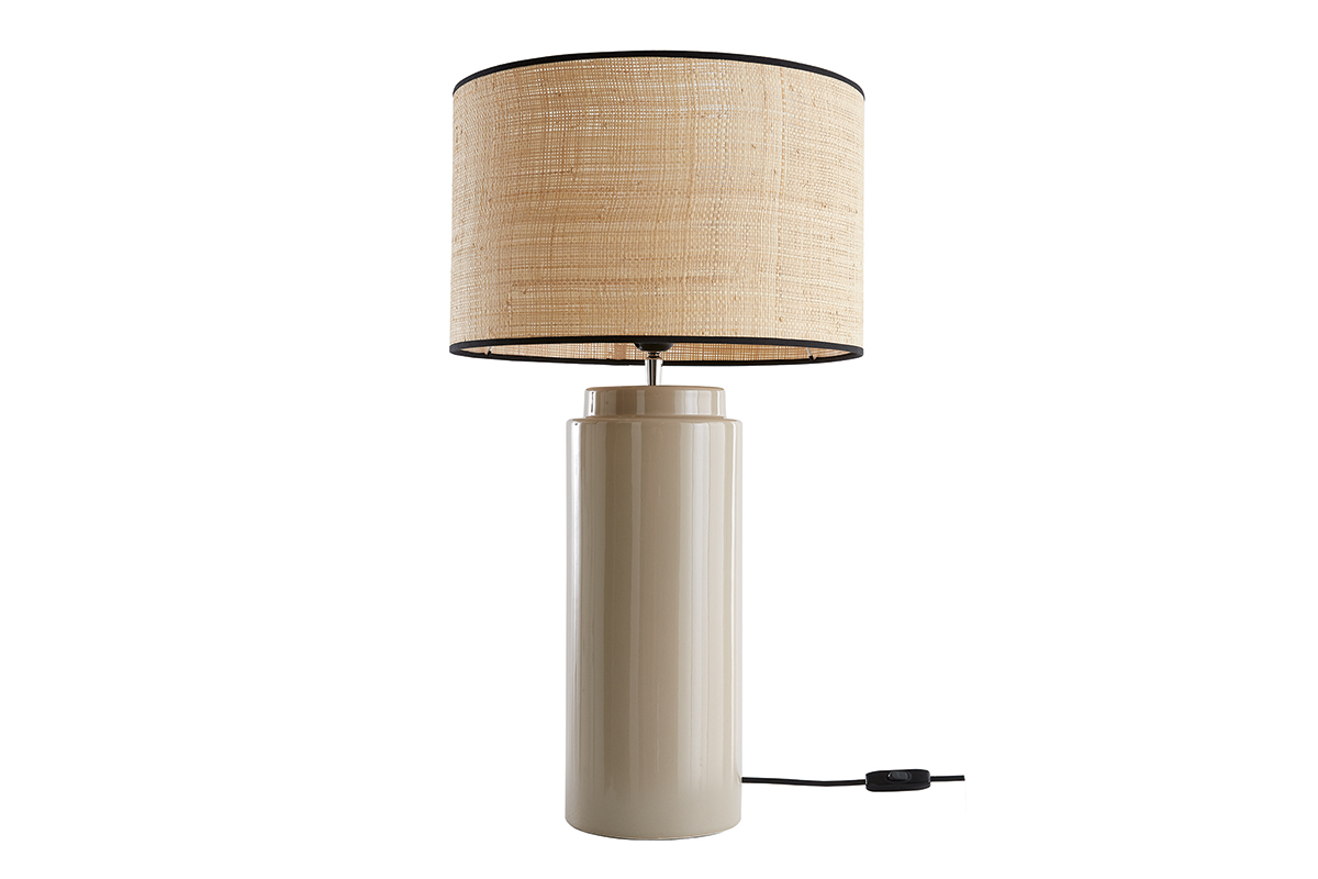 Lampe à poser en céramique émaillée taupe et abat-jour en raphia naturel H64 cm MAJES