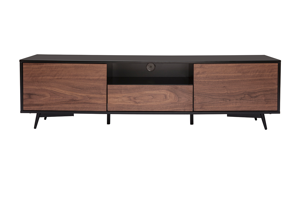 Meuble TV bois foncé noyer, noir mat et métal noir 2 portes 1 tiroir L160 cm MERMOZ