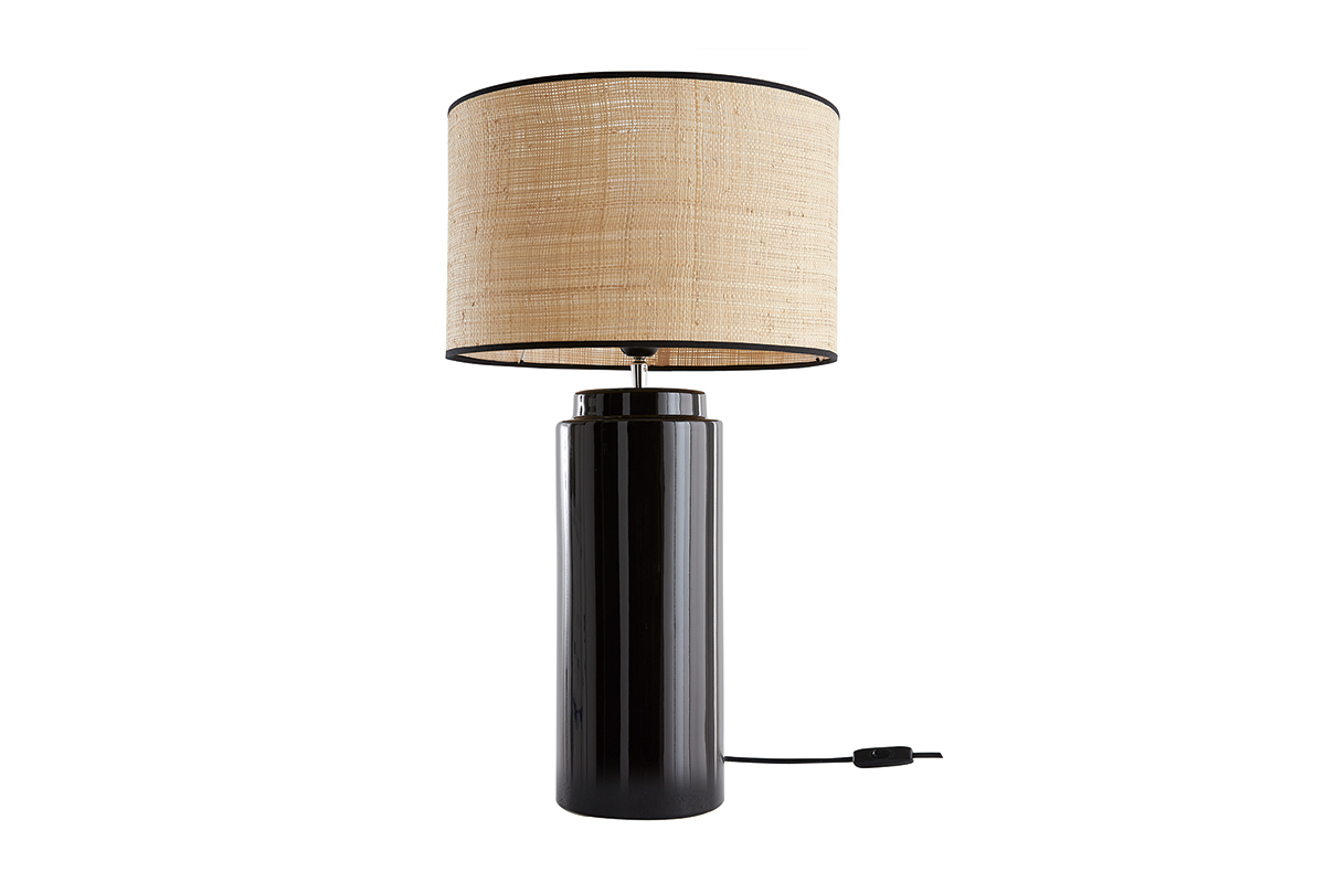 Lampe à poser en céramique émaillée noire et abat-jour en raphia naturel H64 cm MAJES