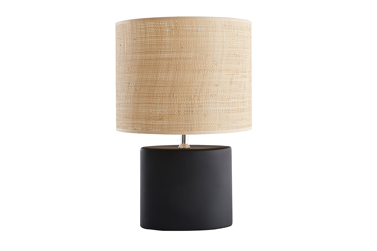 Lampe à poser en céramique noire mat et abat-jour en raphia naturel H40 cm TIGA