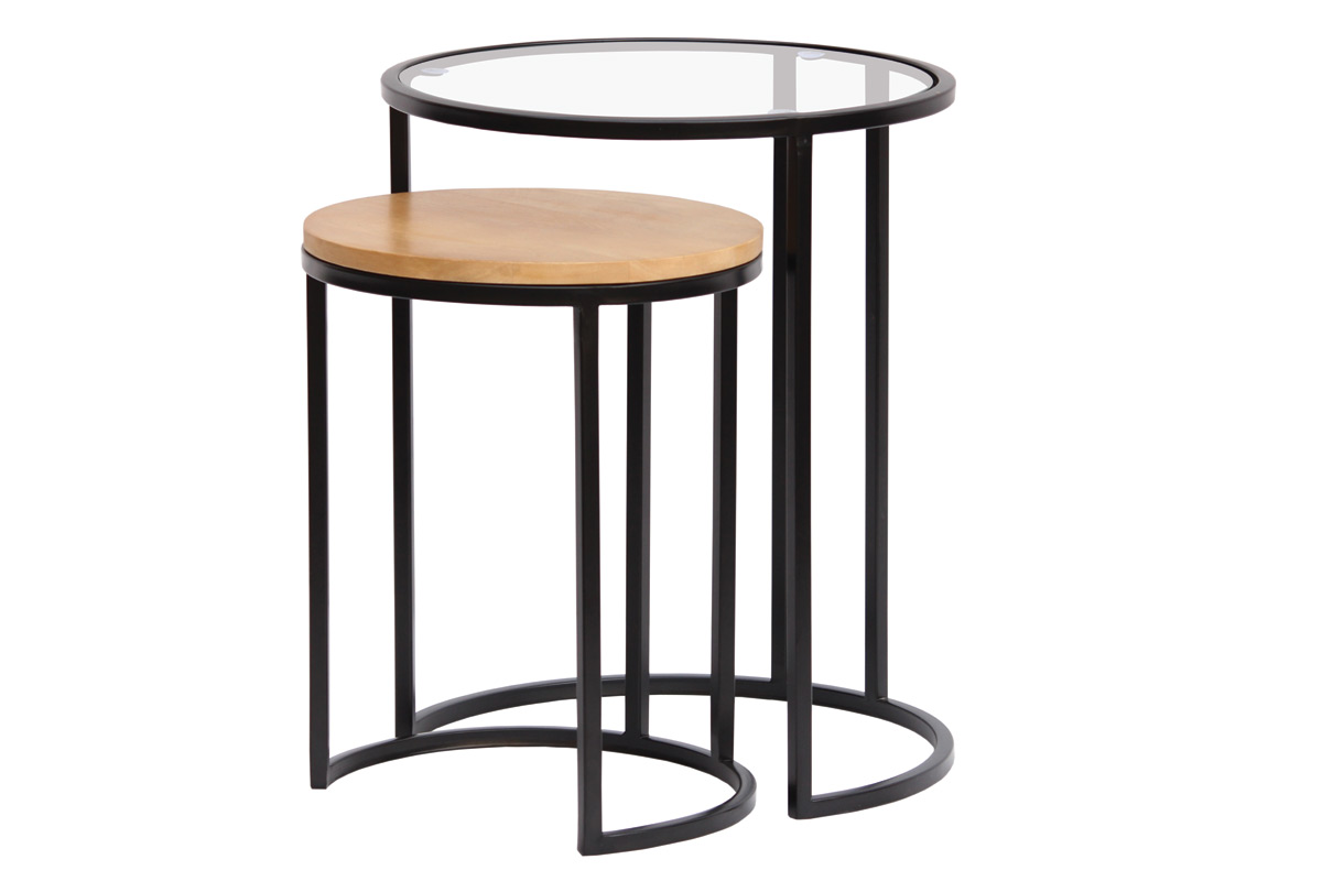 Tables d'appoint gigognes en verre trempé et bois manguier massif TAHL