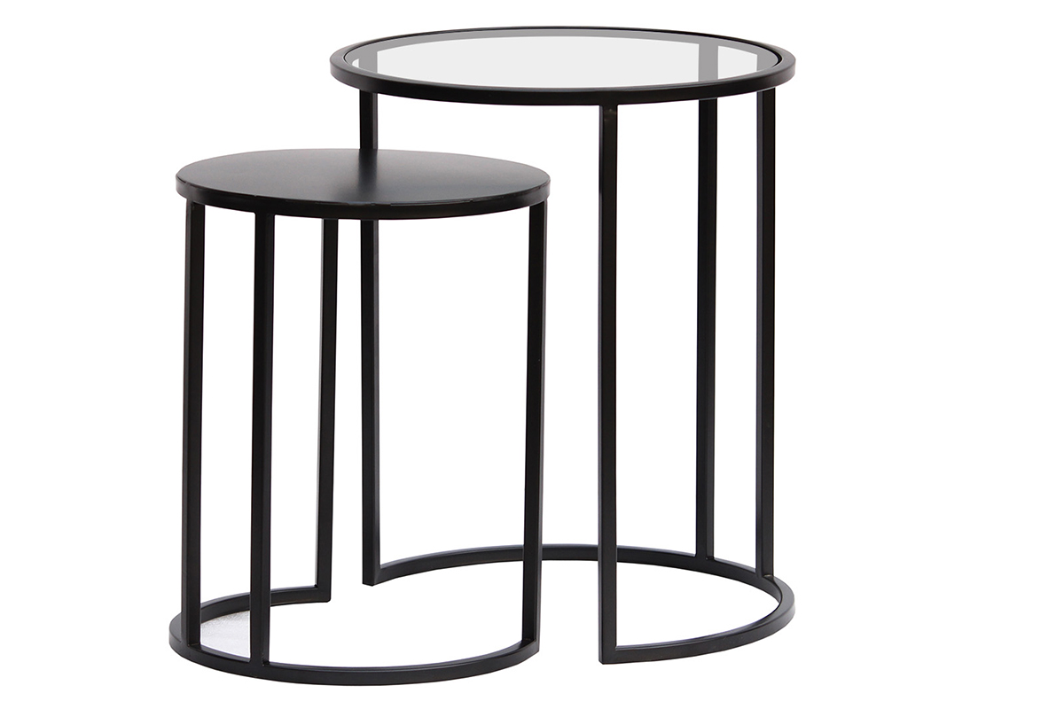 Tables d'appoint gigognes en verre trempé et métal noir TAHL