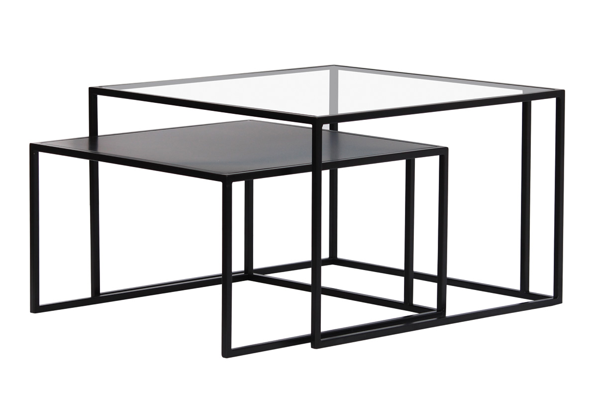 Tables basses gigognes carrées design verre trempé et métal noir (lot de 2) TAHL
