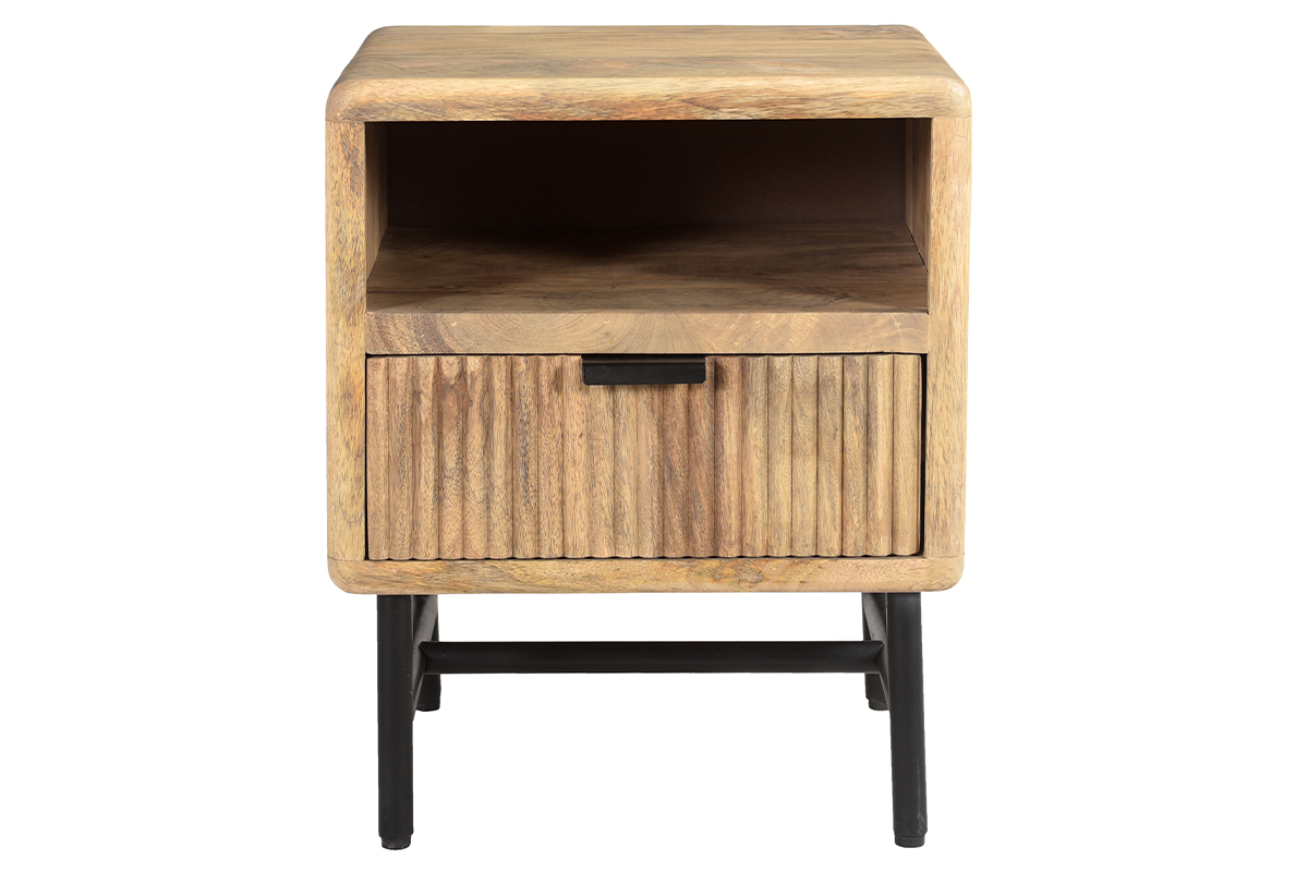 Table de chevet avec rangements bois manguier massif gravé et métal noir MORISSON