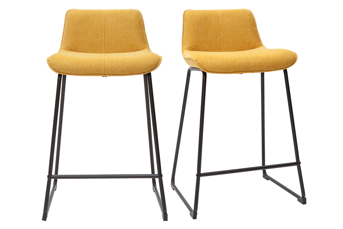 Tabourets de bar en tissu effet velours texturé jaune moutarde et métal H65 cm (lot de 2) BOOST