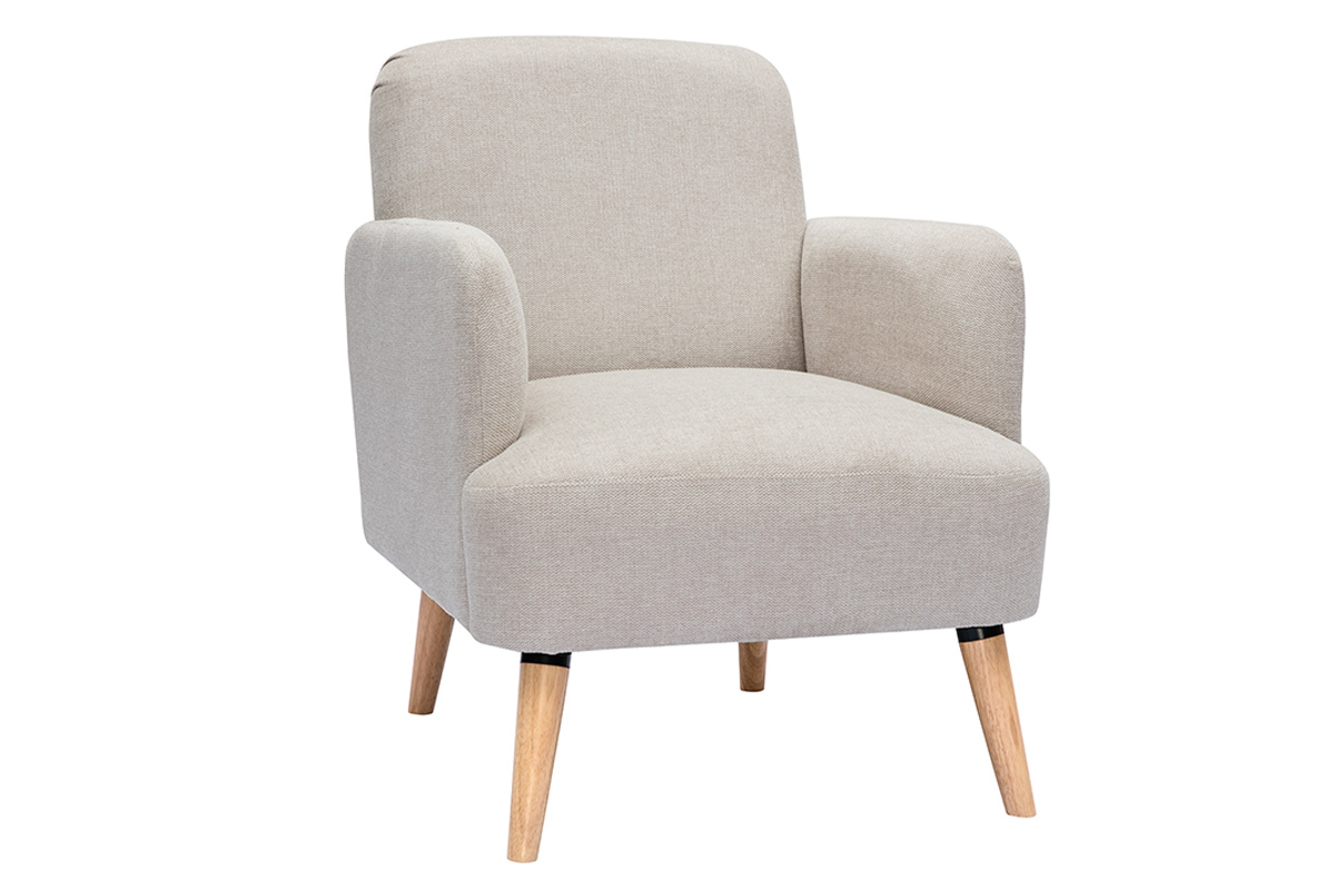 Fauteuil scandinave en tissu effet velours texturé beige et bois clair ISKO