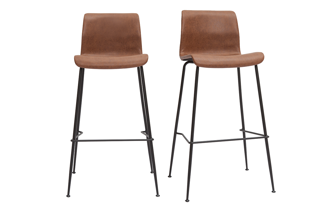 Tabourets de bar fixes marron aspect vieilli et métal noir H75 (lot de 2) HAROLD