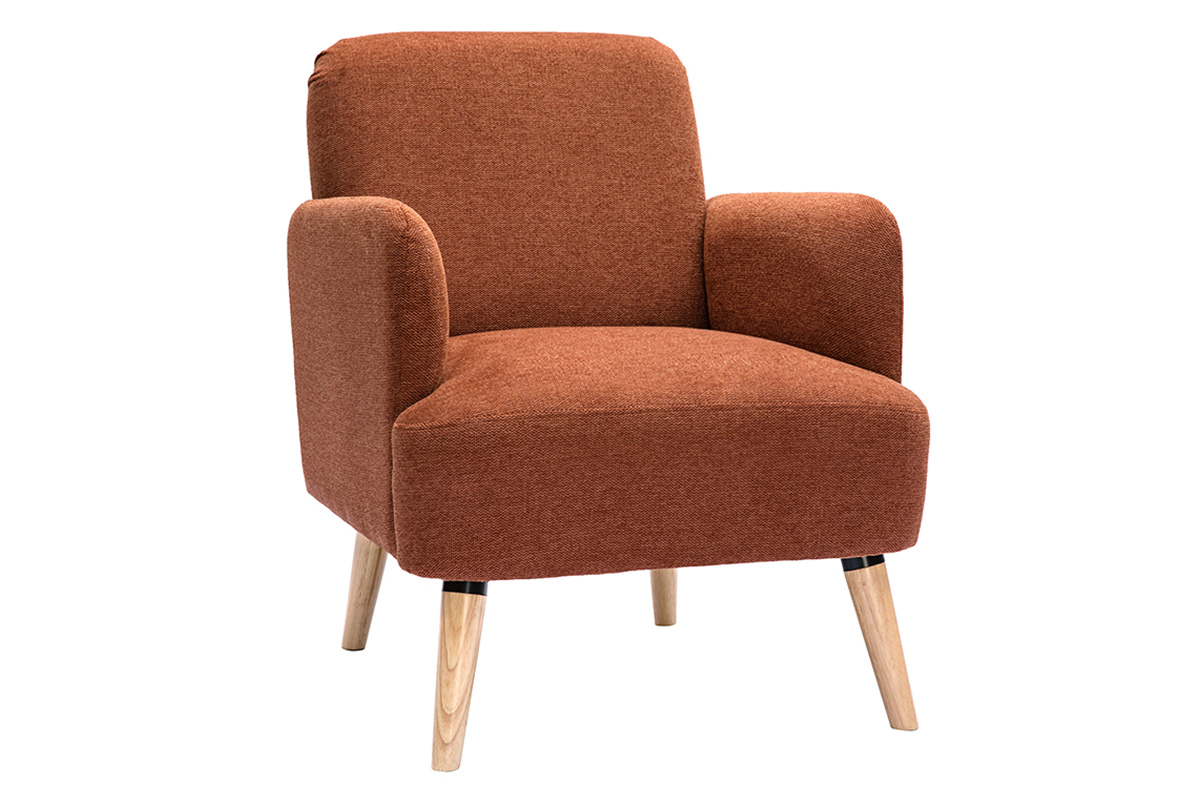 Fauteuil scandinave en tissu effet velours texturé terre brûlée et bois clair ISKO