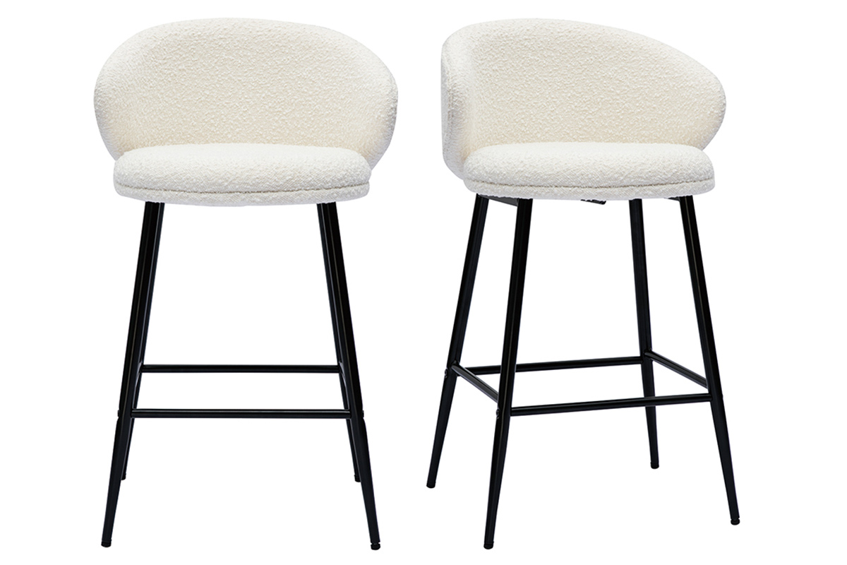 Tabourets de bar design en tissu effet laine bouclée blanc cassé et métal noir H86 cm (lot de 2) ROSALIE