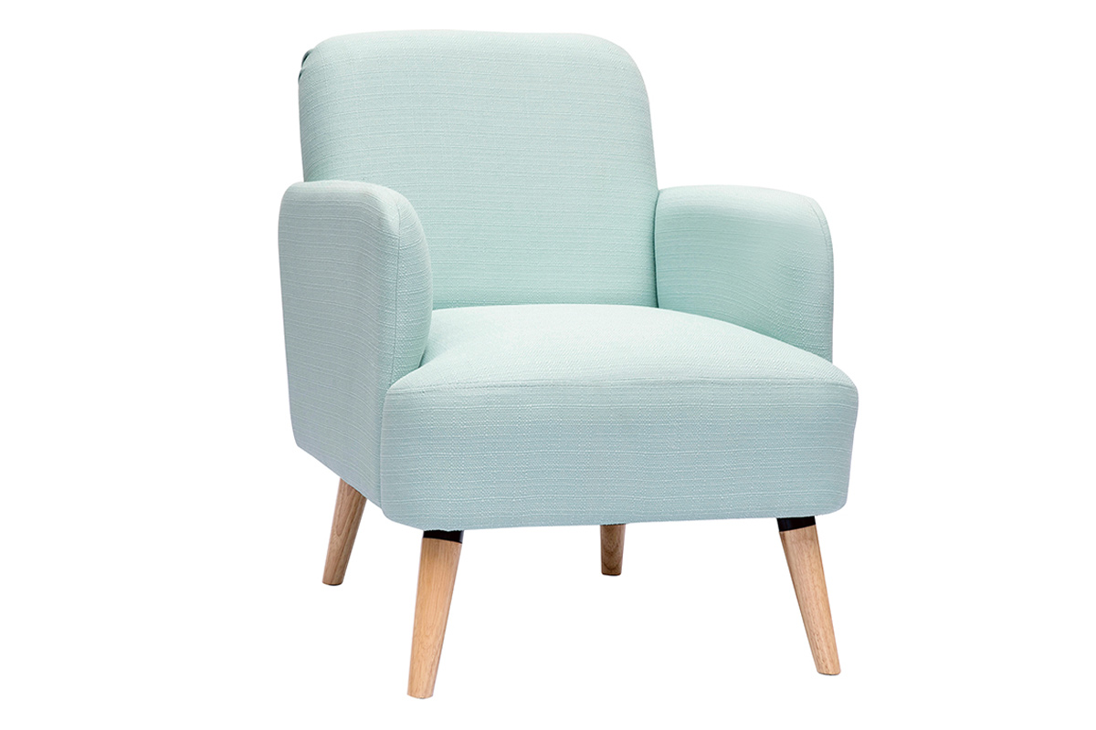 Poltrona scandinava in tessuto verde menta e legno chiaro ISKO