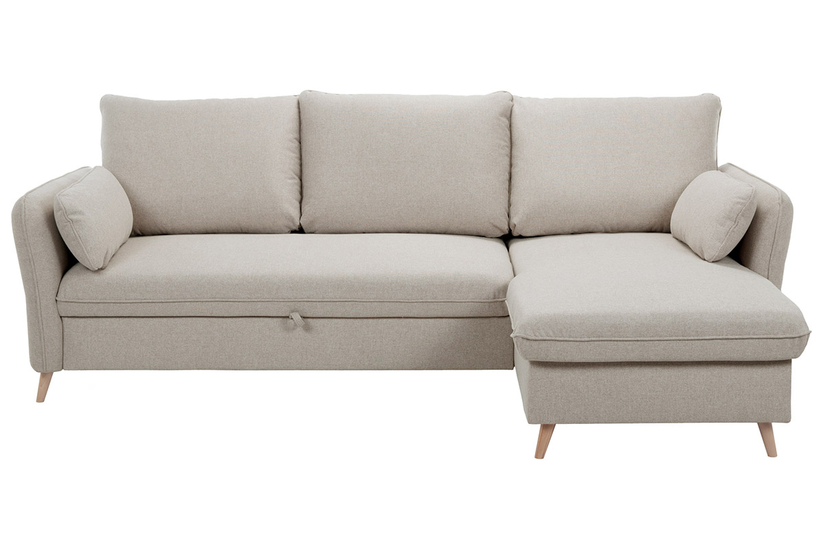 Canapé d'angle convertible réversible avec coffre 3-4 places en tissu beige et bois clair DRISS