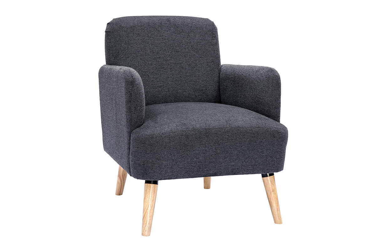 Fauteuil scandinave en tissu effet velours texturé gris foncé et bois clair ISKO
