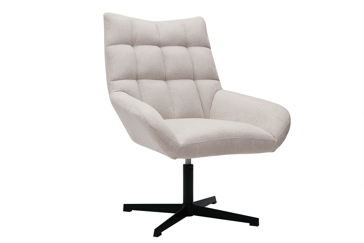 Fauteuil pivotant design en tissu effet velours texuré beige et métal noir KING